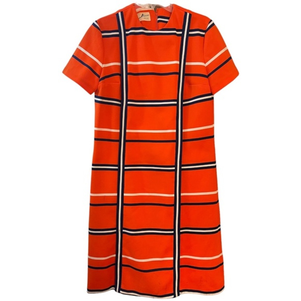 Vintage HERMAN MARCUS Dallas Shift Dress Orange Navy Check